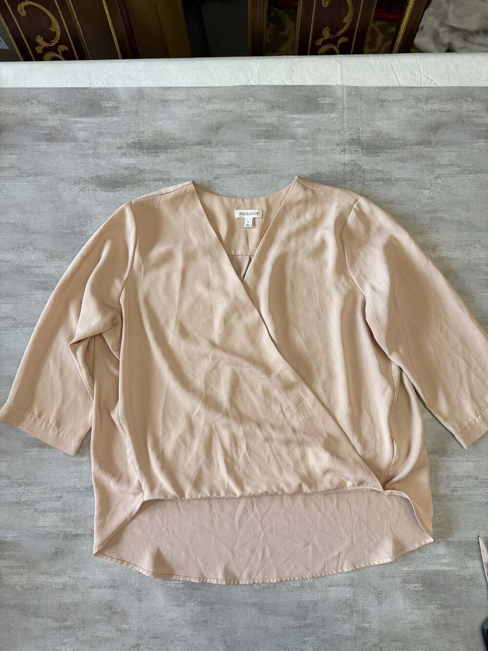Prologue Women's 3/4 Sleeve Wrap Front Surplice Blouse in Beige